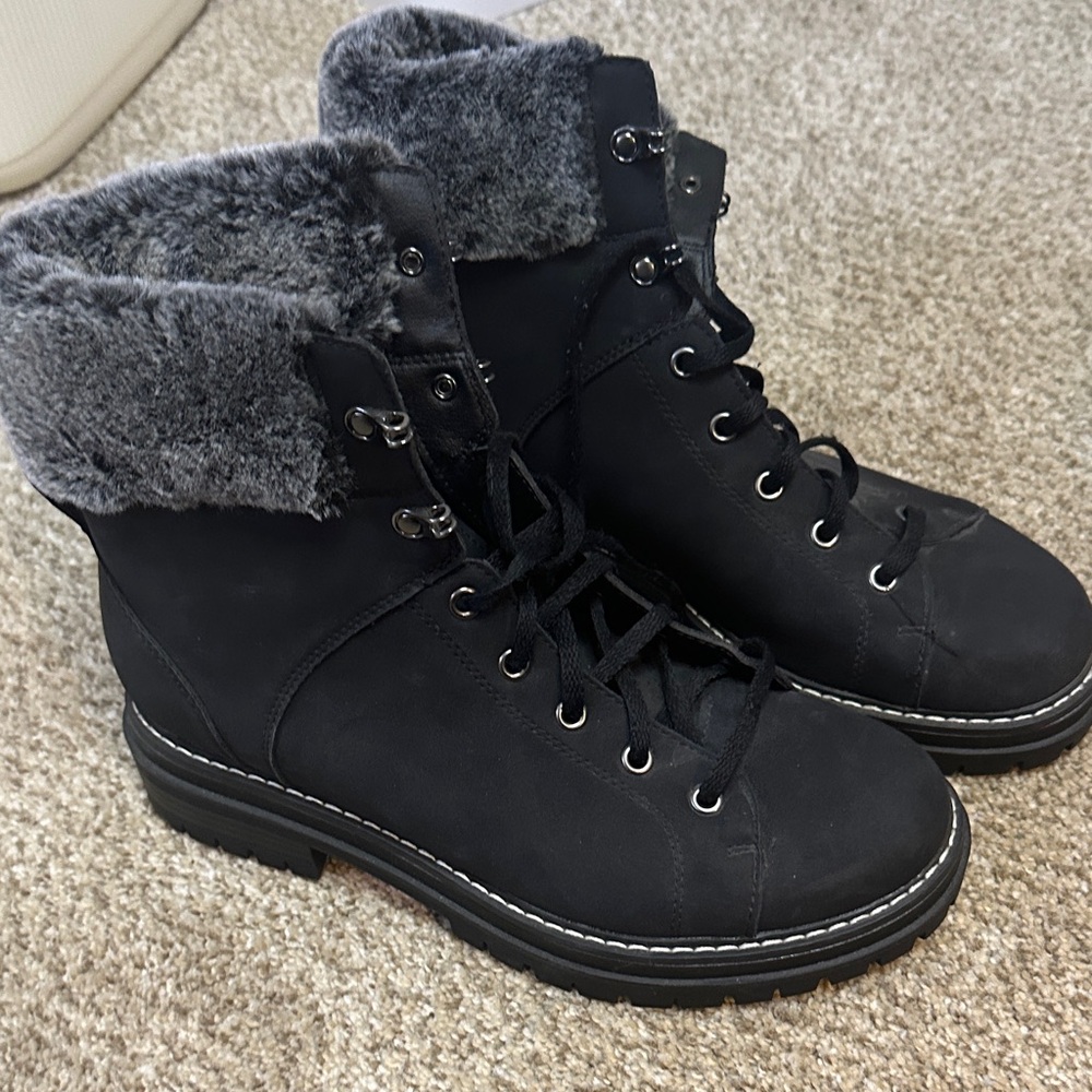 Black Fur-Lined Combat Boots 9